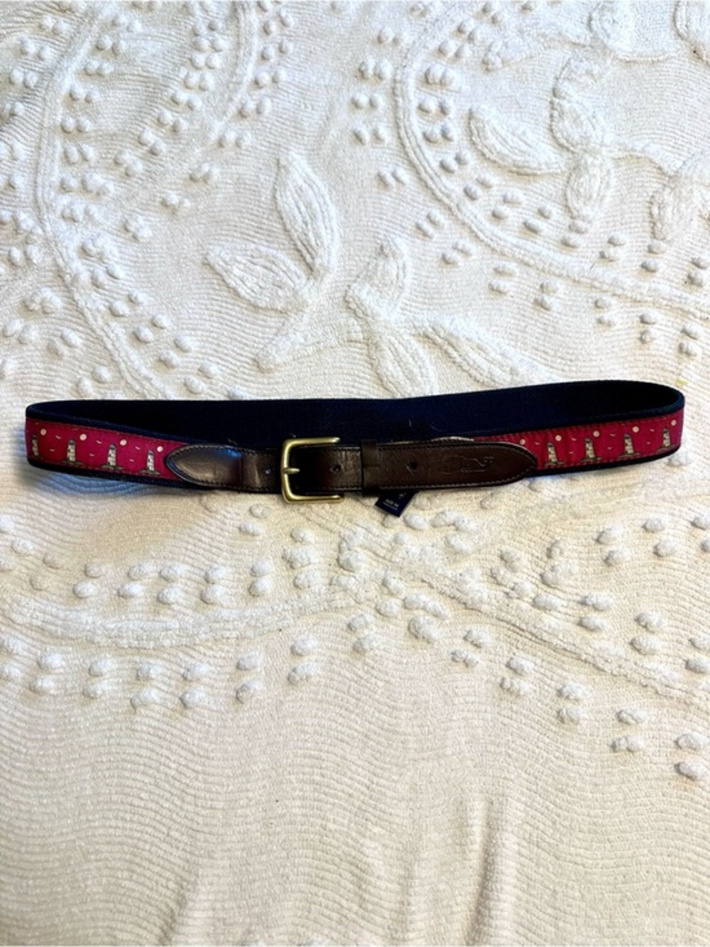 Vineyard Vines Pretty Coastal Navy and Red Lighthouse Brown Leather Belt Size 36